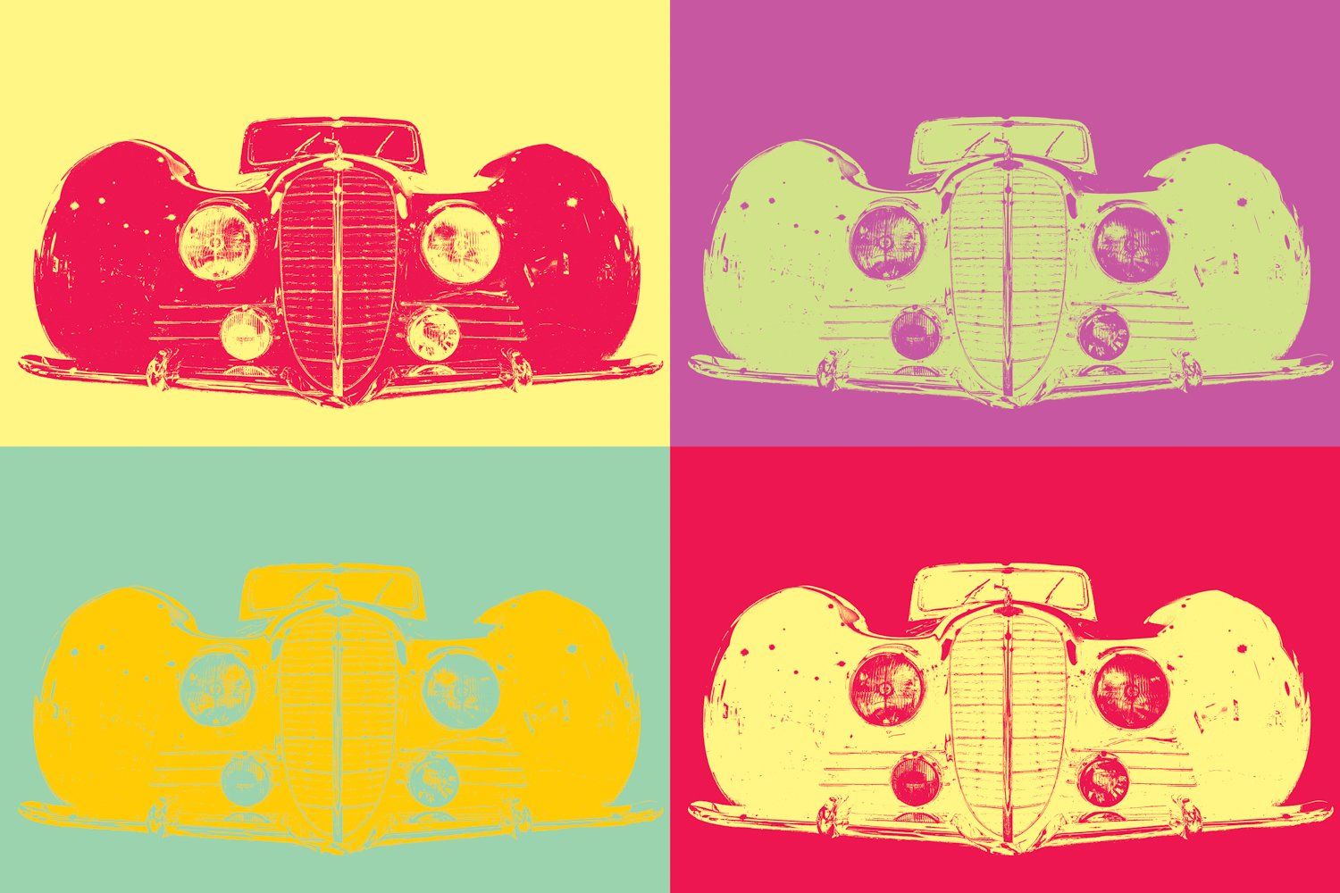 Pop art style vintage car illustration in four different color variations on grid layout.