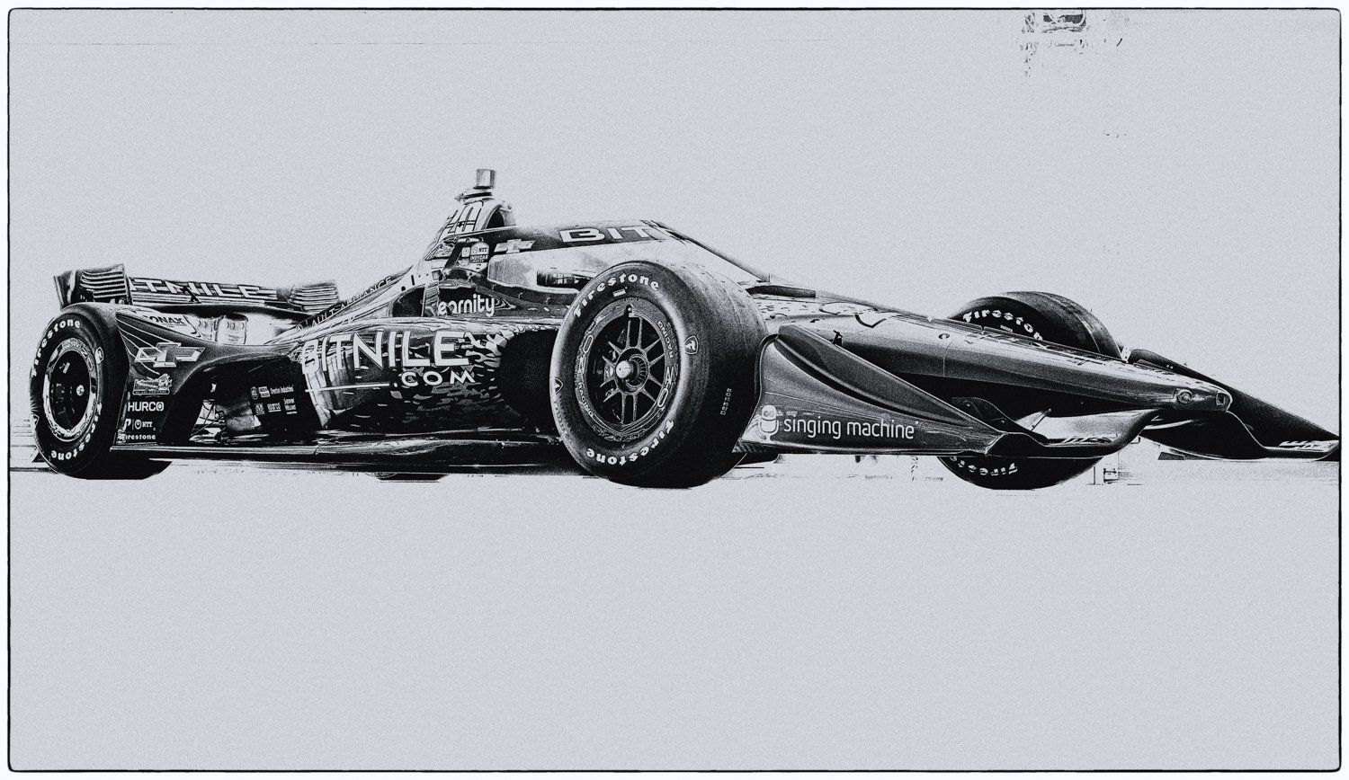 Sketch-style illustration of a modern Formula 1 race car in black and white.