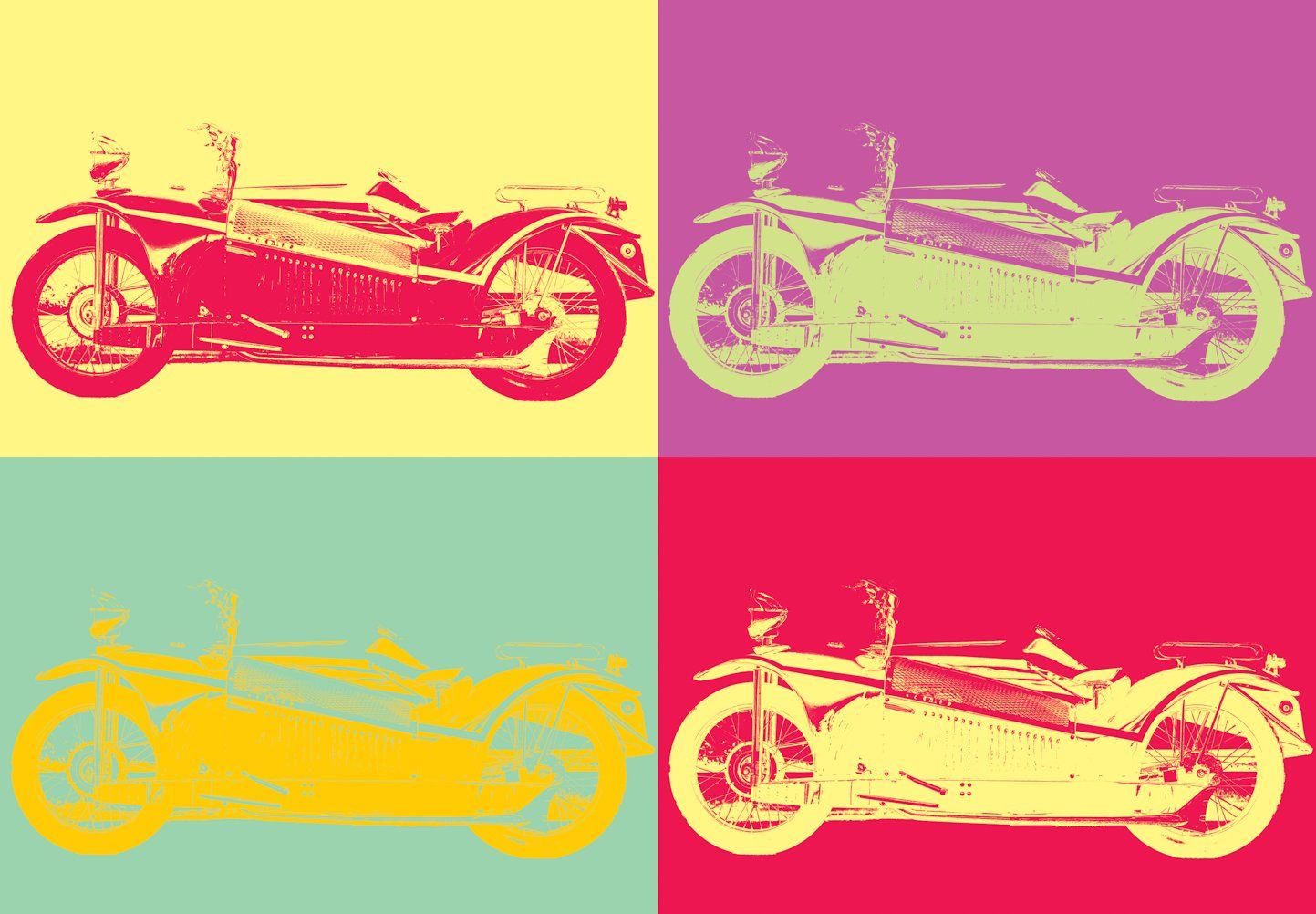 Pop art style illustration of vintage motorcycles in four different colorful panels.