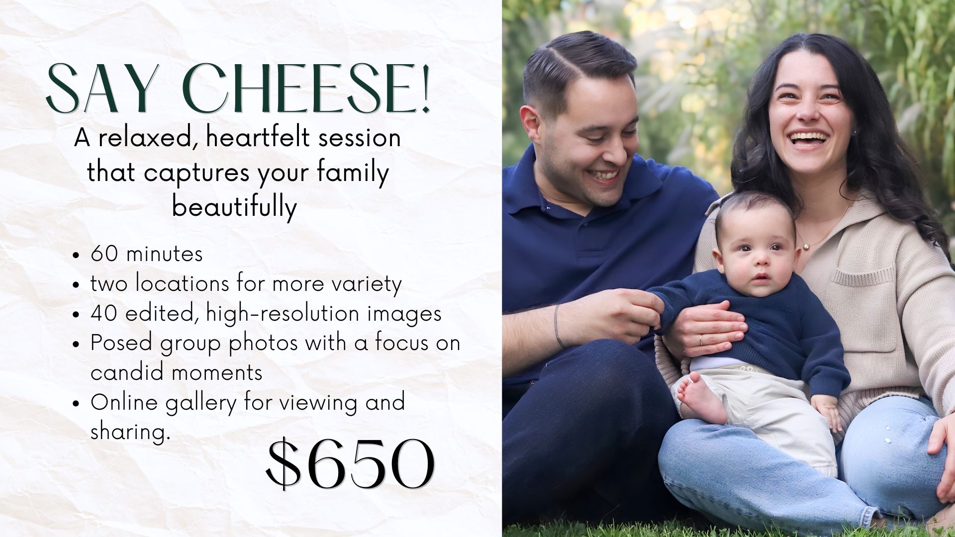 Family of four in white tops poses outdoors for an affordable 20-minute mini photography session priced at $400.