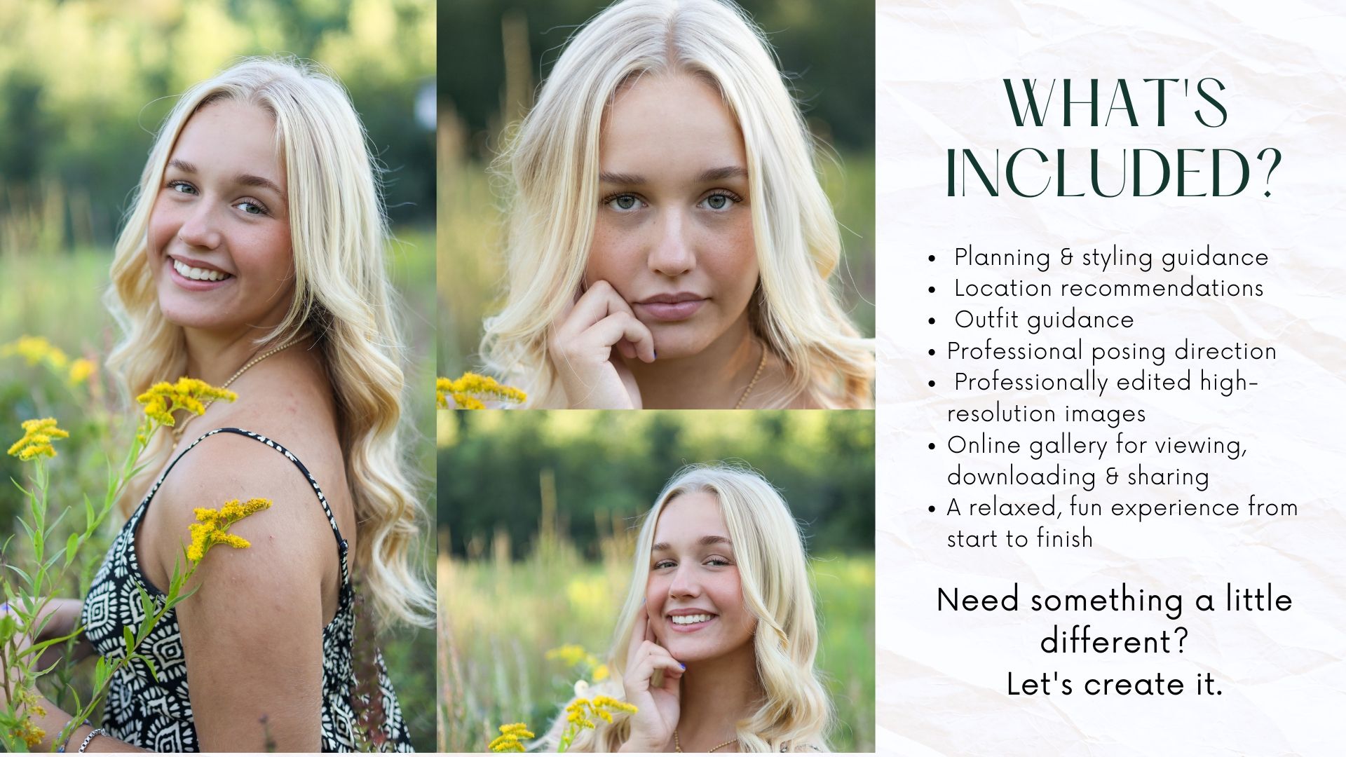 Two blonde teenage girls smiling outdoors for a senior photo session, with text listing photography package inclusions.