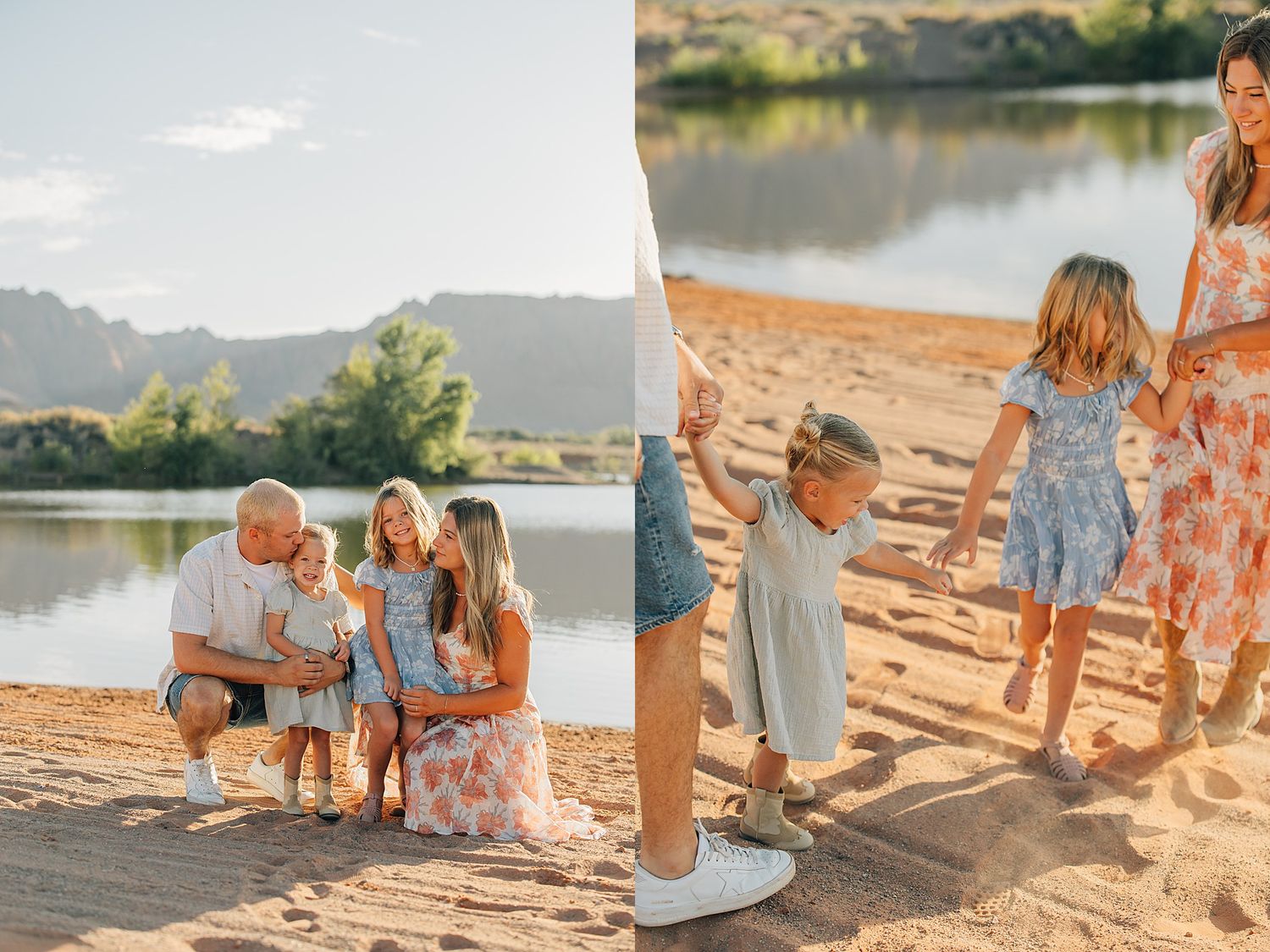 Family posing on sandy beach by river, parents with three young children in pastel outfits, mountains in background.