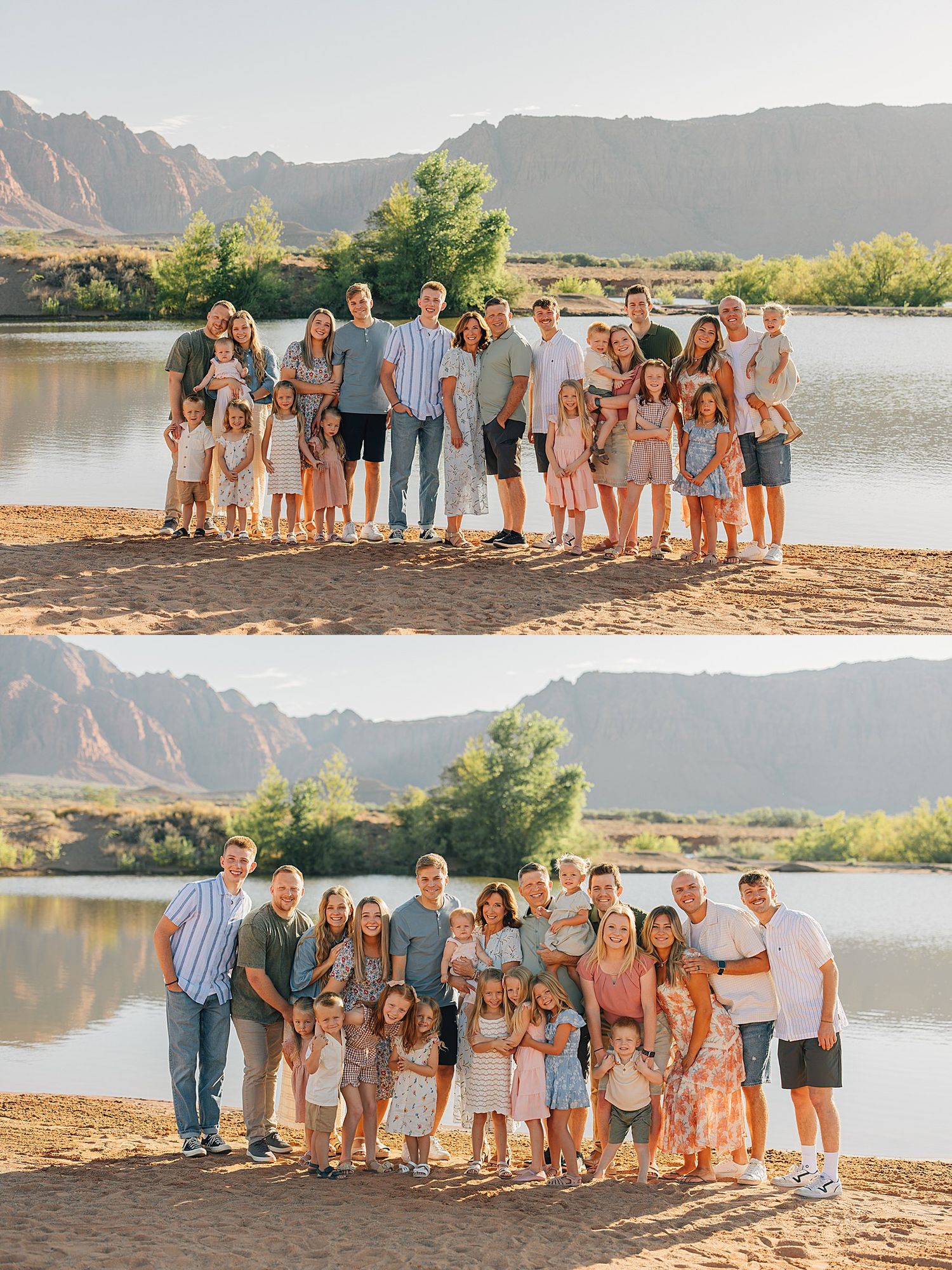 Large extended family posing together on a sandy riverbank with red rock mountains and calm water in the background.