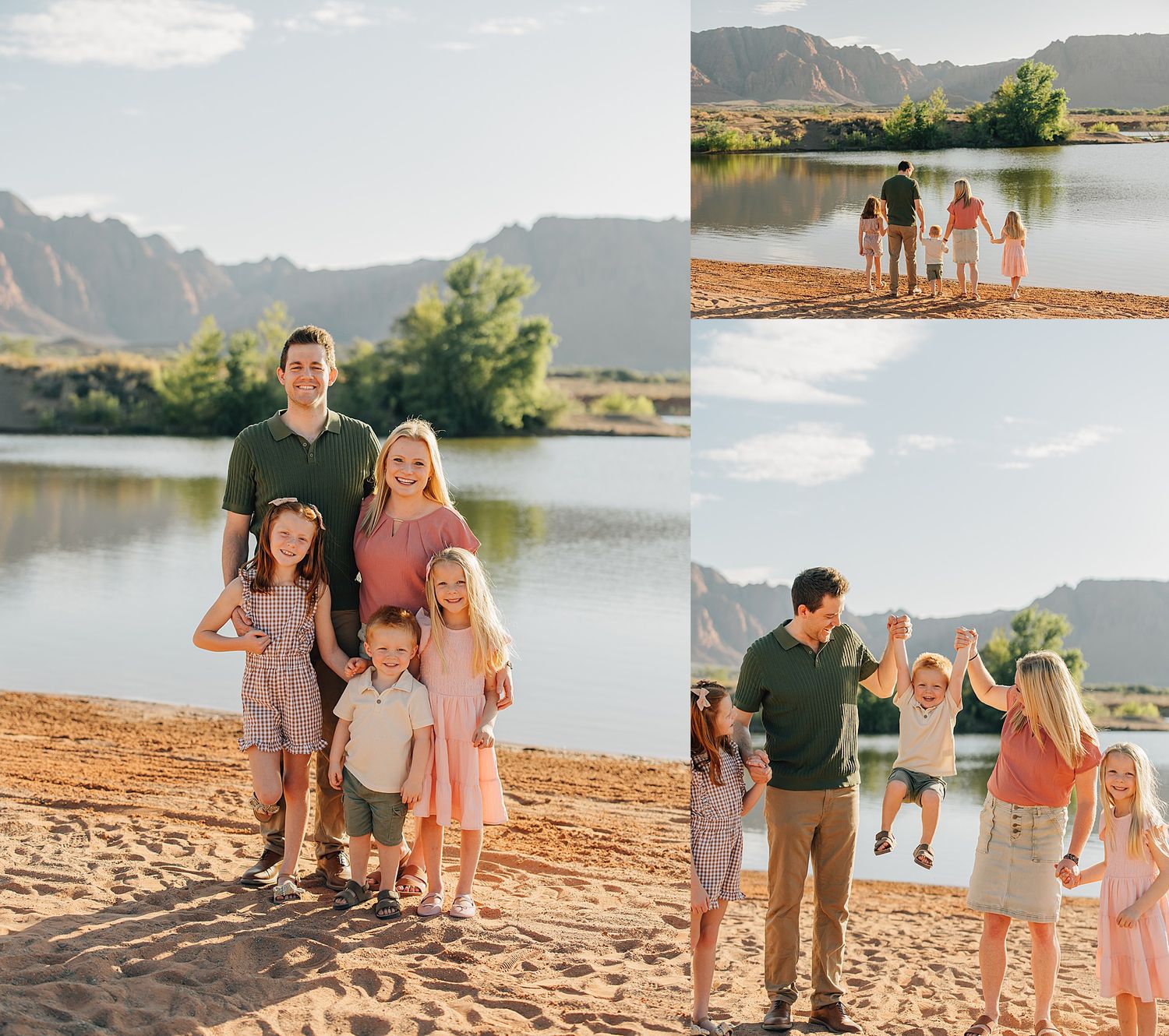 Family of five posing on sandy beach with mountain lake backdrop during golden hour outdoor photo session.