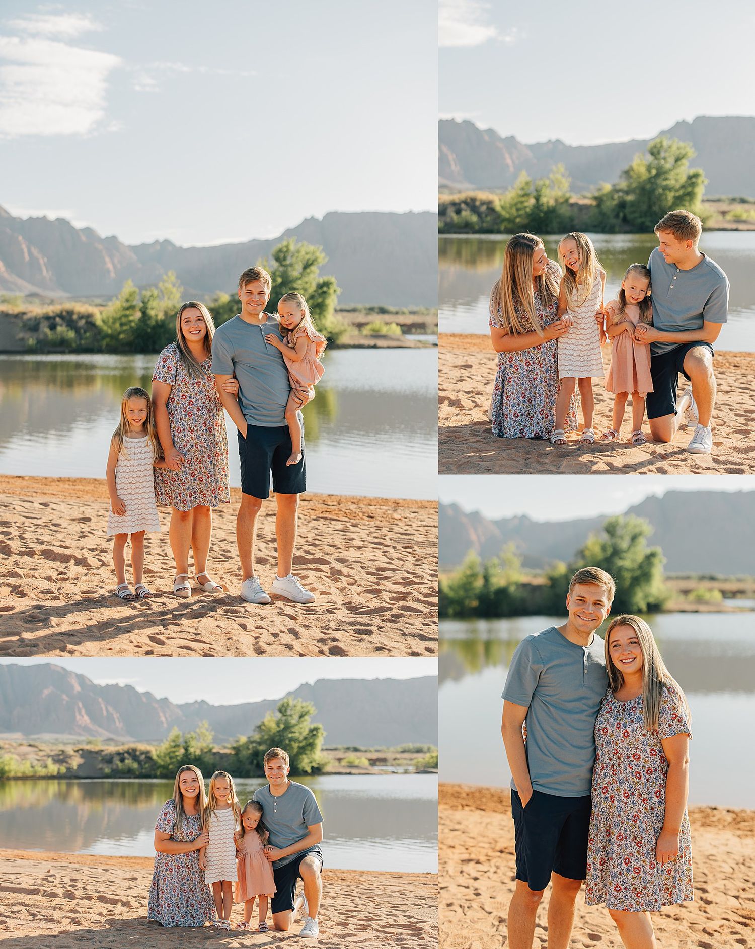 Family of four poses on sandy beach with mountain lake backdrop in warm golden hour light.