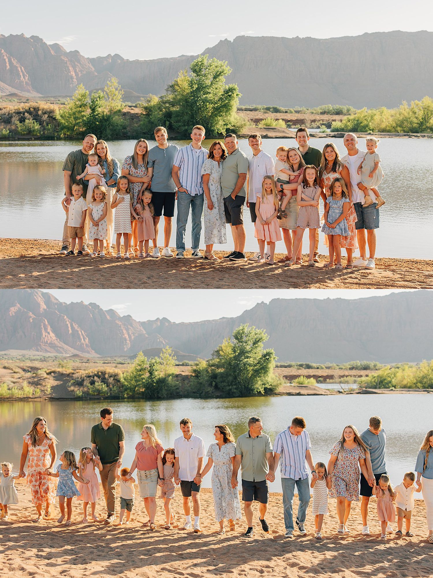 Large extended family posing together on sandy beach by a lake with red rock mountains at golden hour.
