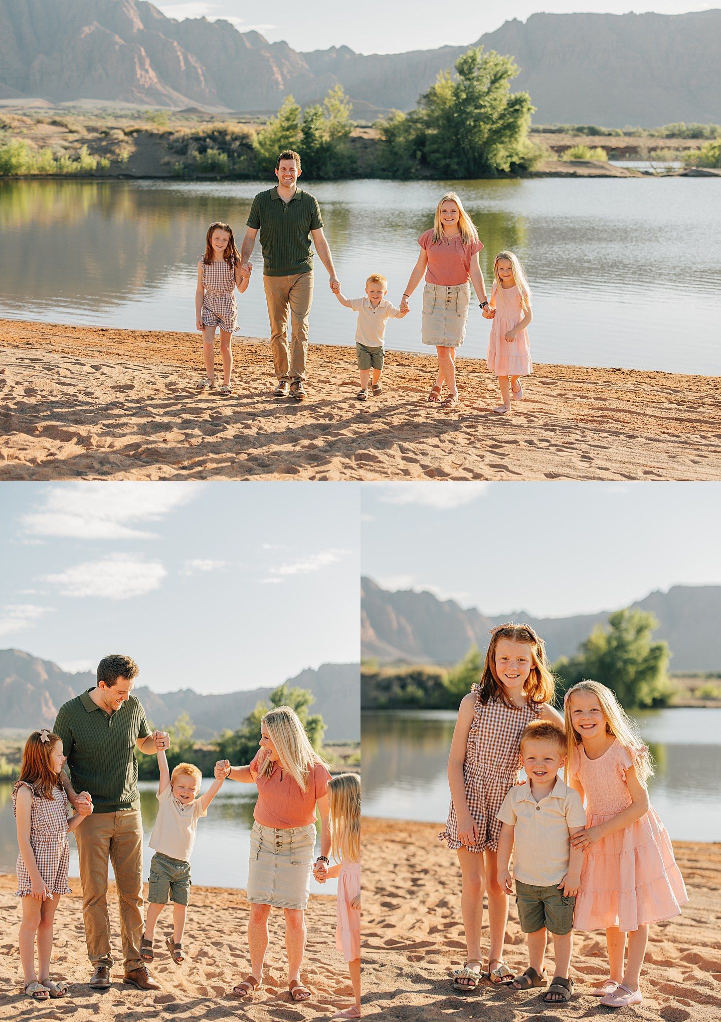 Family of five walking hand-in-hand on sandy beach by a lake, with mountains and green trees in the background.