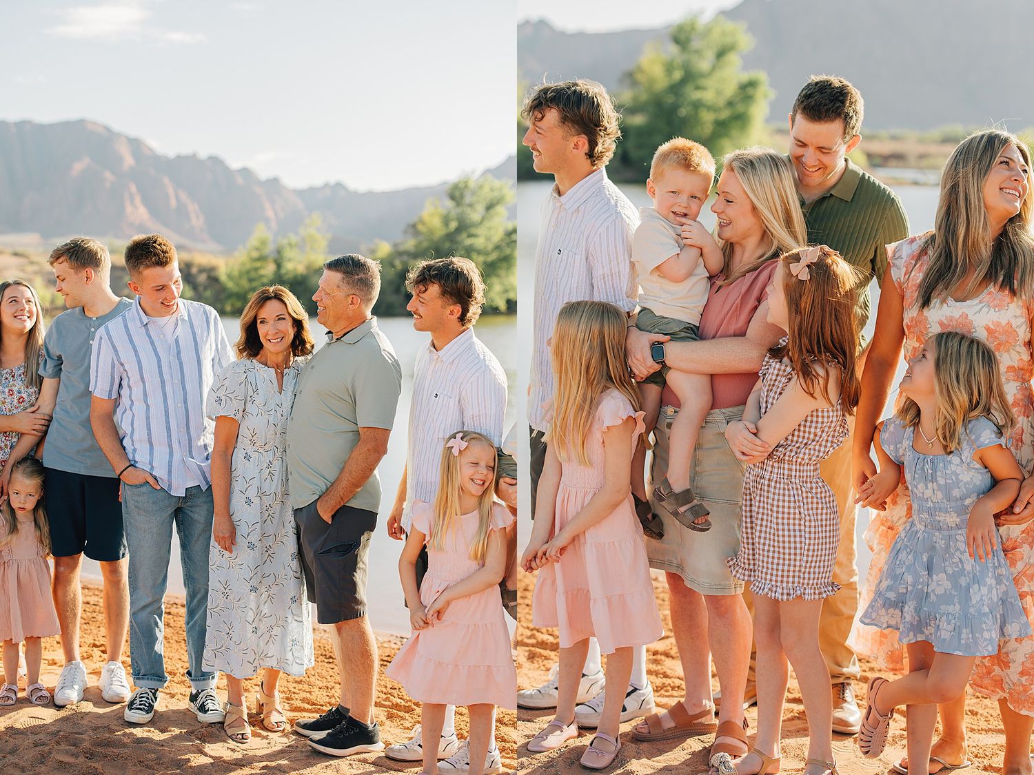 Large family group photo outdoors with red rock mountains, wearing pastel outfits in warm golden light.