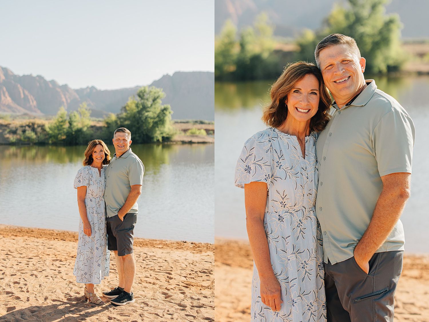 Couple posing together on a sandy riverbank with mountain and tree backdrop on a sunny day.
