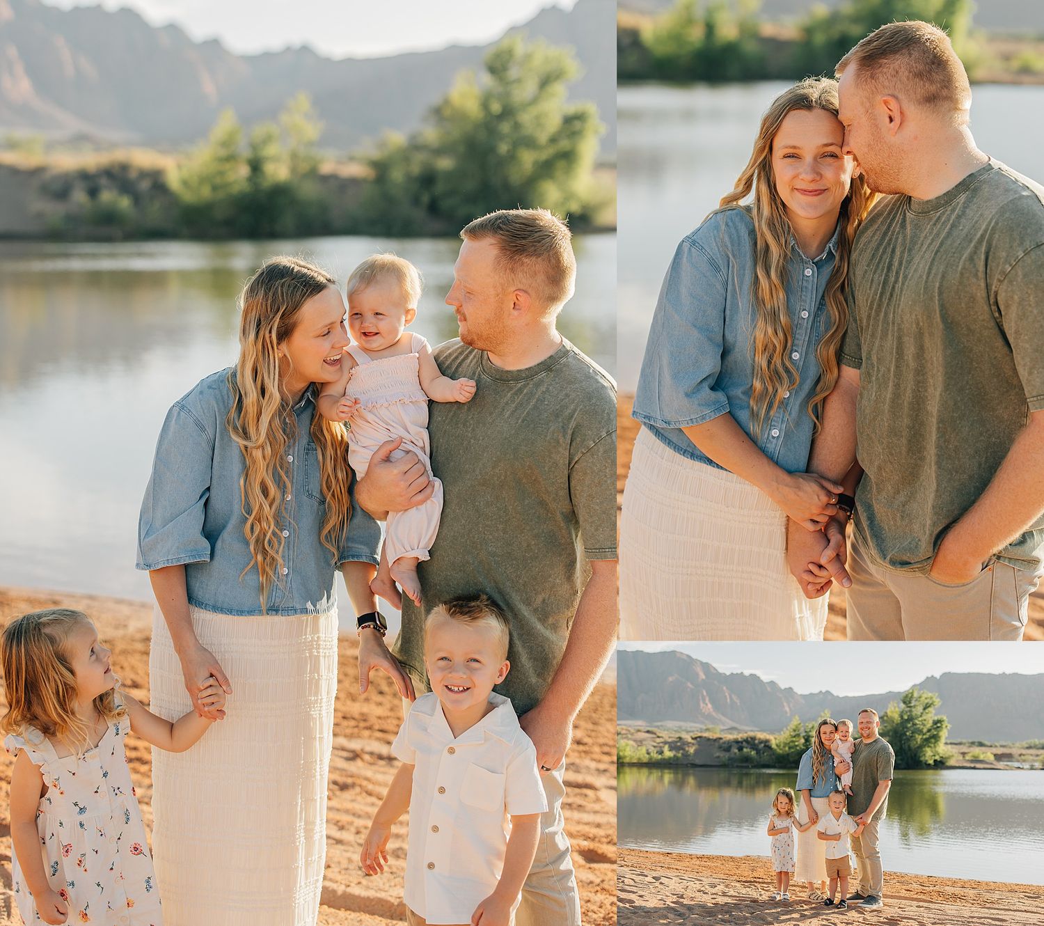 Happy family with young children posing outdoors near a lake with mountain views during golden hour.