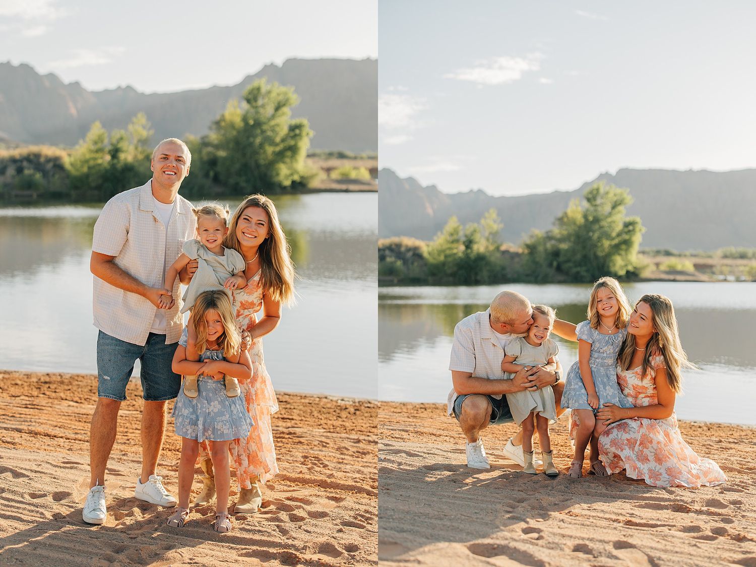Family portrait on sandy beach with mountain lake backdrop, parents holding children in warm golden sunlight.
