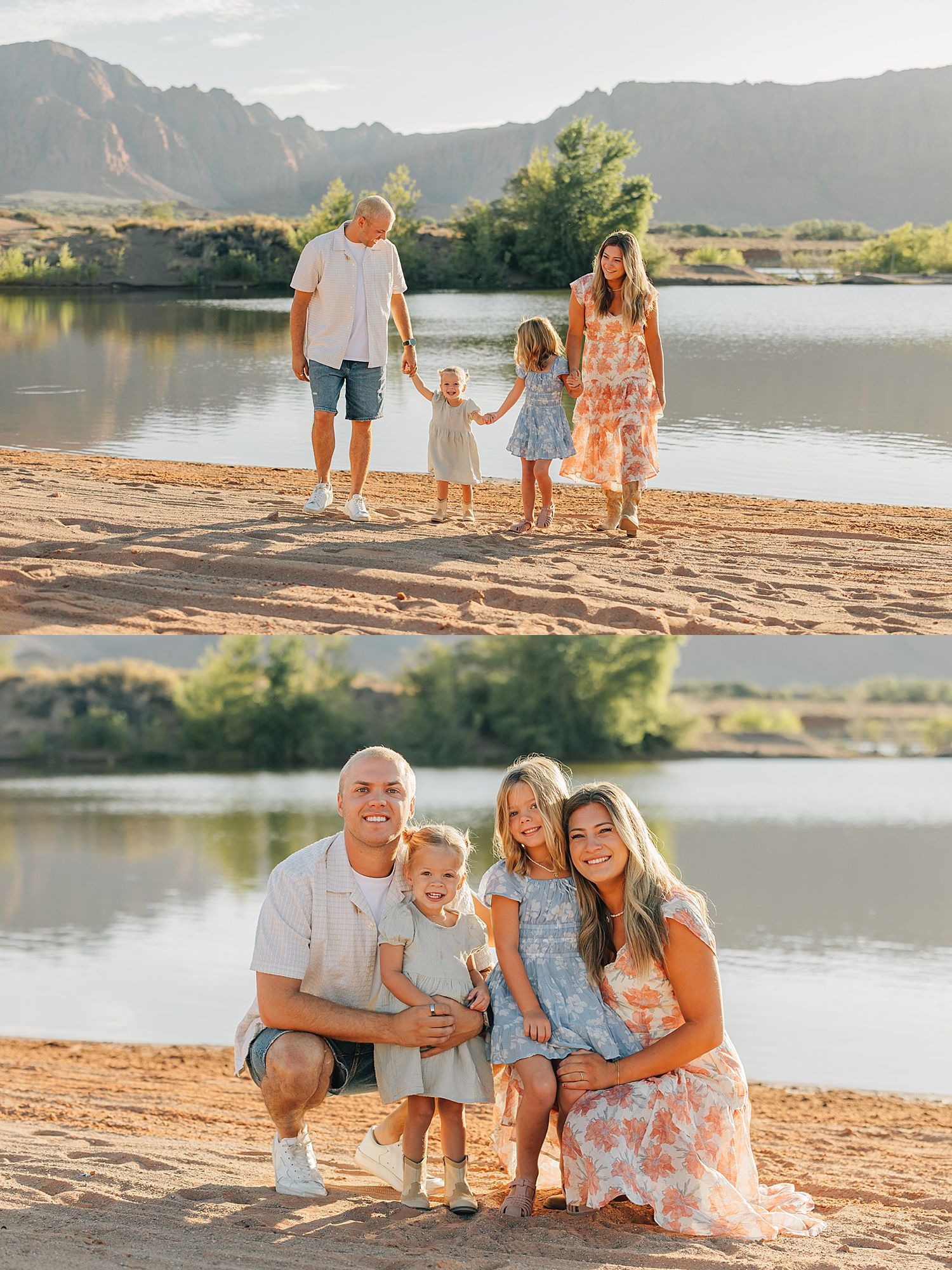 Family of four posing by a sandy riverbank with mountain backdrop during golden hour in matching pastel outfits.