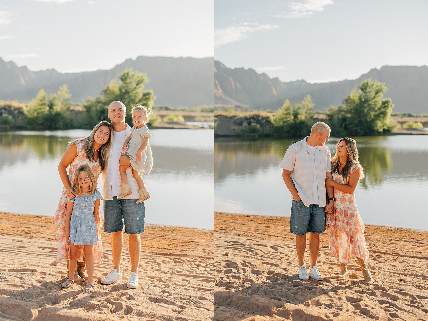 Family posing on sandy shore with mountain lake backdrop in warm golden light, children and parents smiling outdoors.