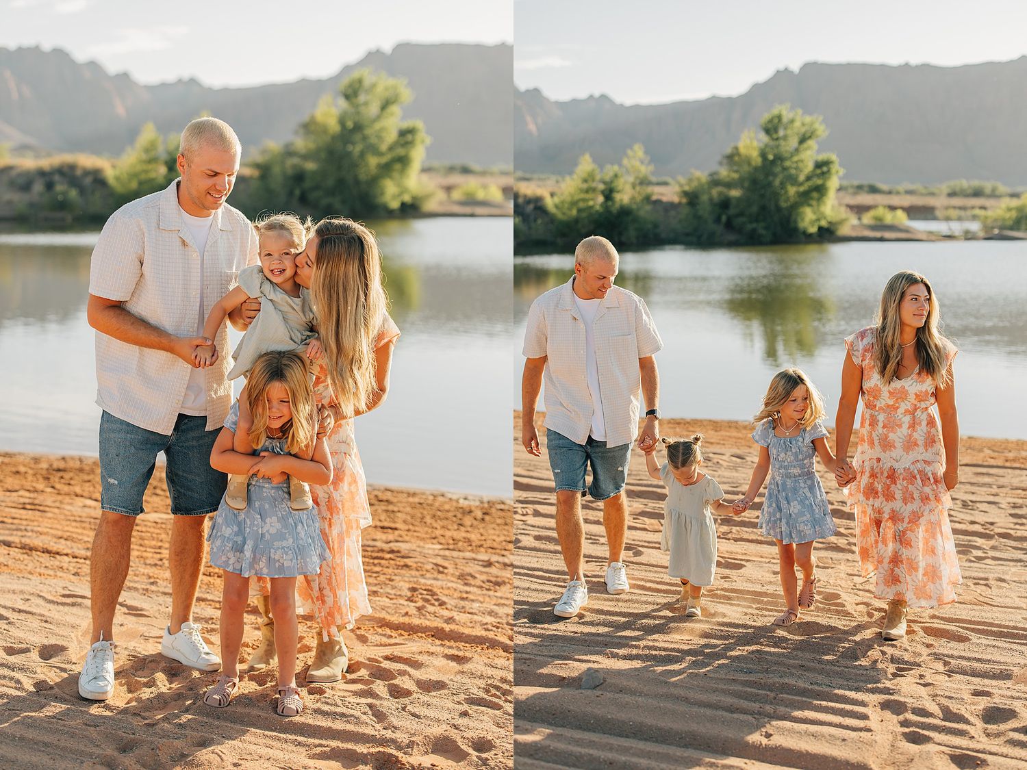 Family posing on sandy beach by a lake at golden hour, parents holding children in flowy dresses with mountains behind.