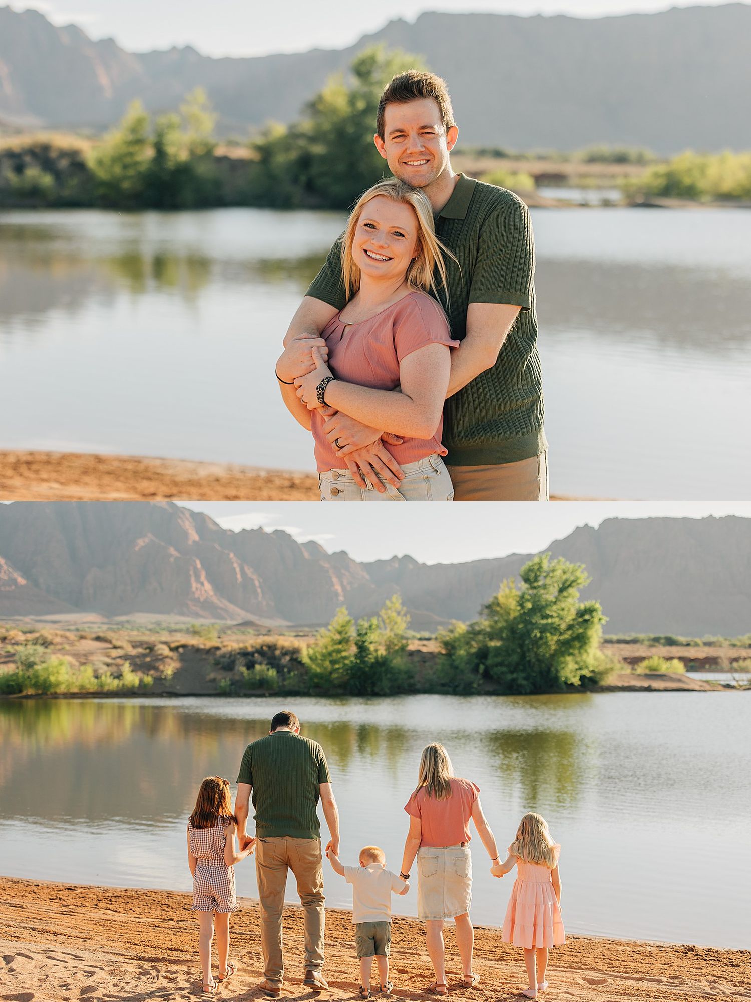 Family of five poses by a scenic lake with red rock mountains, parents embracing in top photo, children holding hands below.