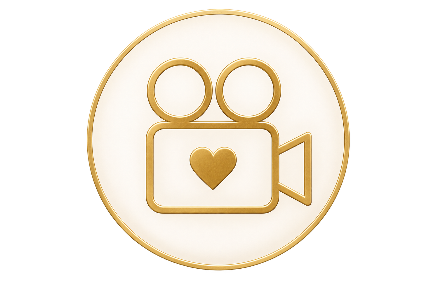 Gold video camera icon with heart symbol on white circle, elegant romantic film badge logo design.
