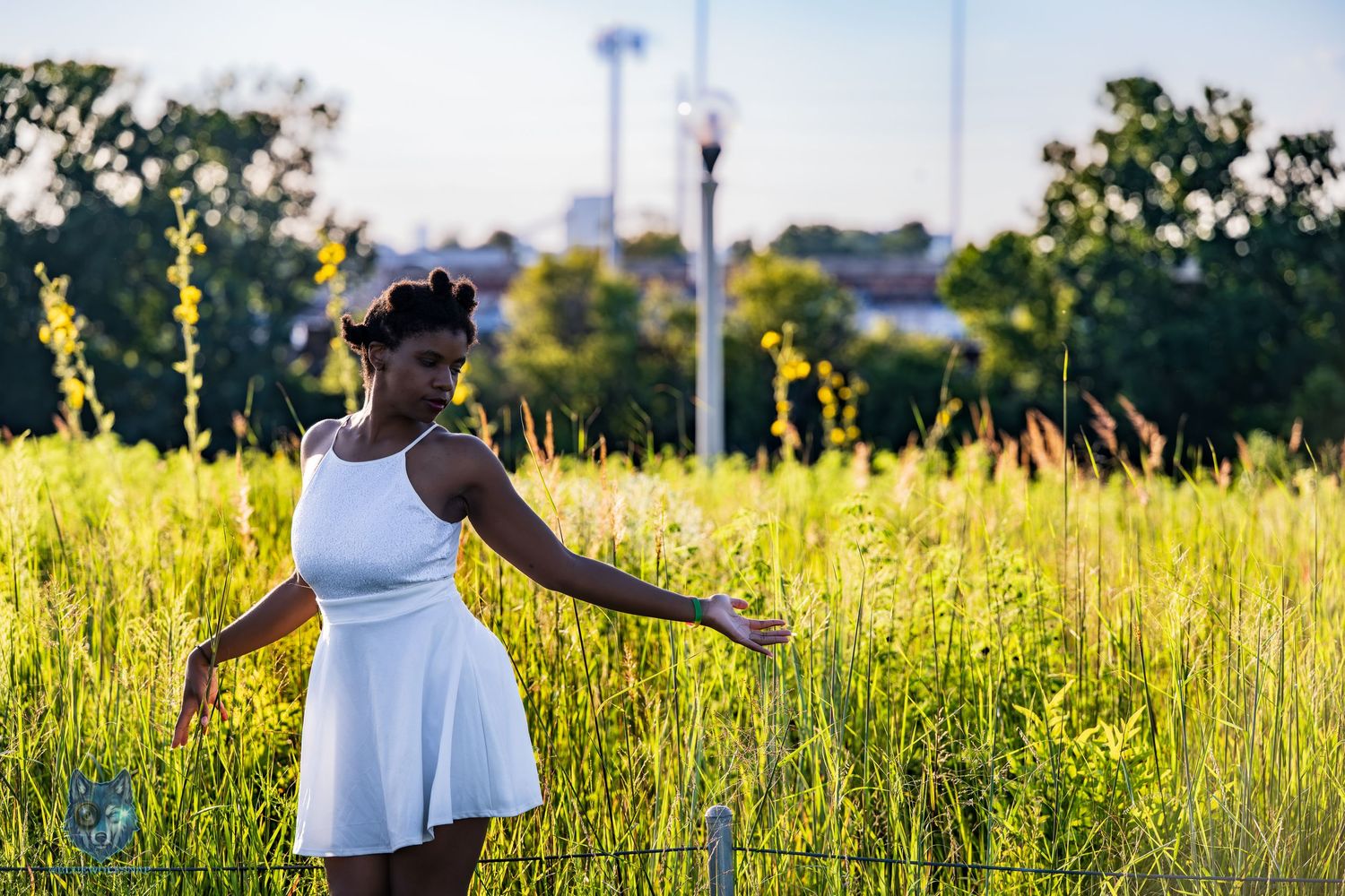 Young Black woman in white dress touching tall grass in sunlit field with trees and city skyline in background.