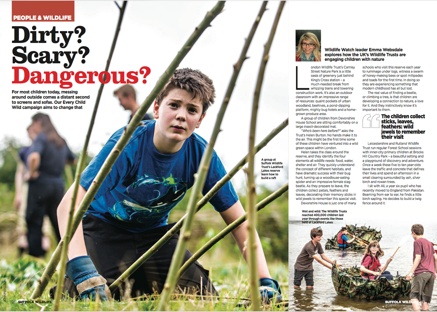 A Suffolk Wildlife Tear Sheet. Children playing outdoors in nature, crawling through sticks and mud during a wildlife education activity.
