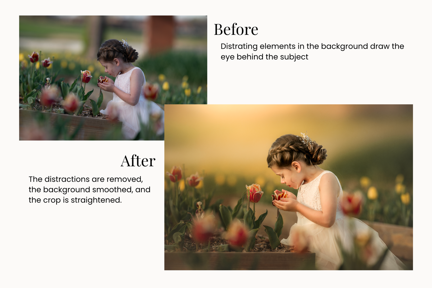 Before and after photo editing comparison of a young girl among tulips, showing background smoothing and distraction removal.
