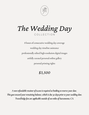 Elegant wedding photography pricing guide for The Wedding Day Collection, offering 8 hours of coverage and digital images for $3,500.