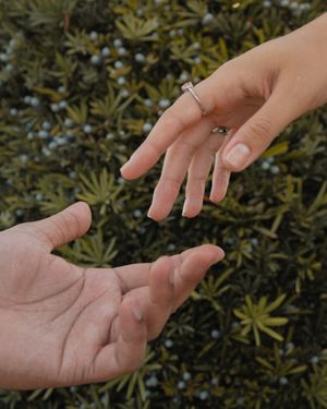 Two hands reaching toward each other, one wearing a delicate silver ring, over green foliage.