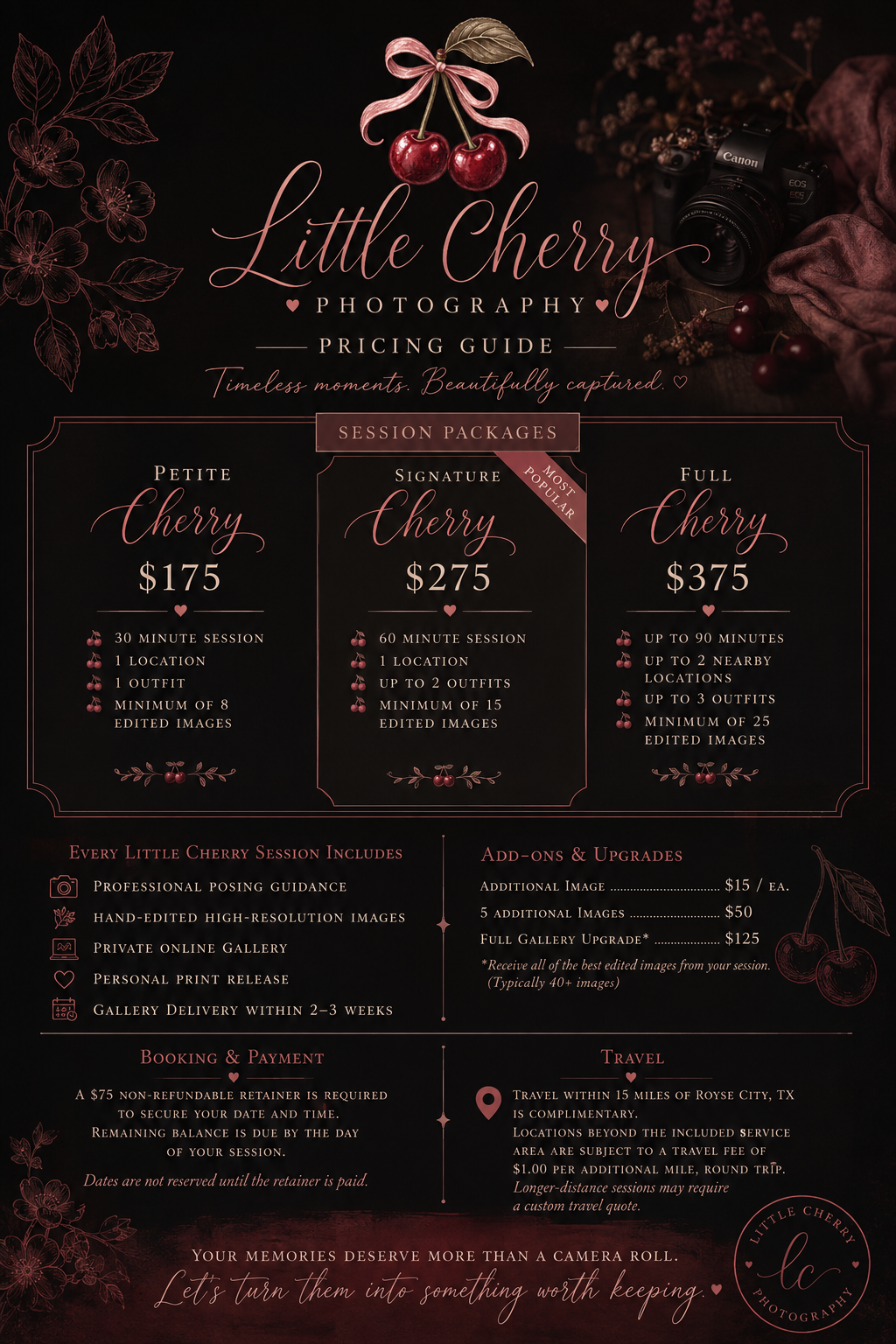 Little Cherry Photography pricing menu