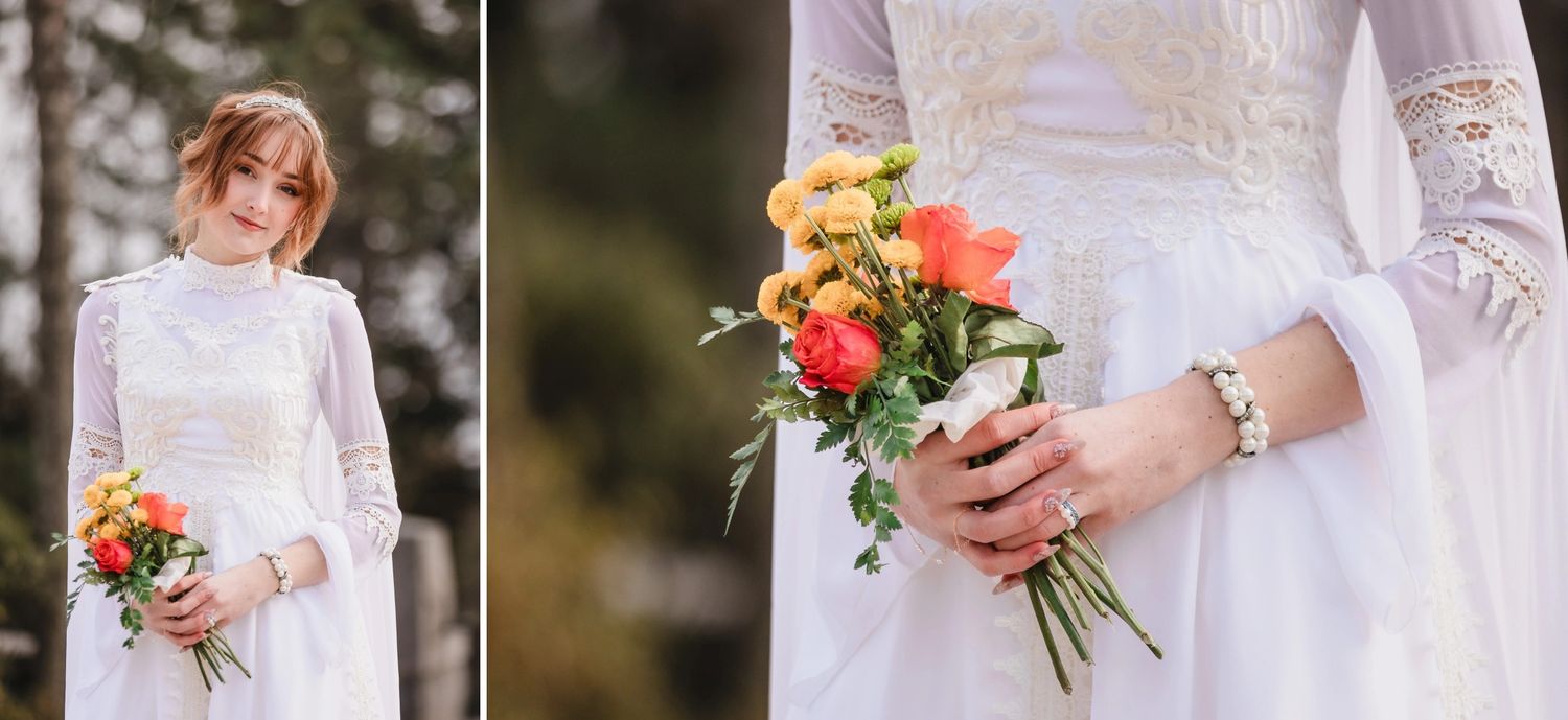 Bride holding her wedding bouquet, displaying her engagement and wedding rings on her left hand.   Elopement at Boston Massachusetts Temple,