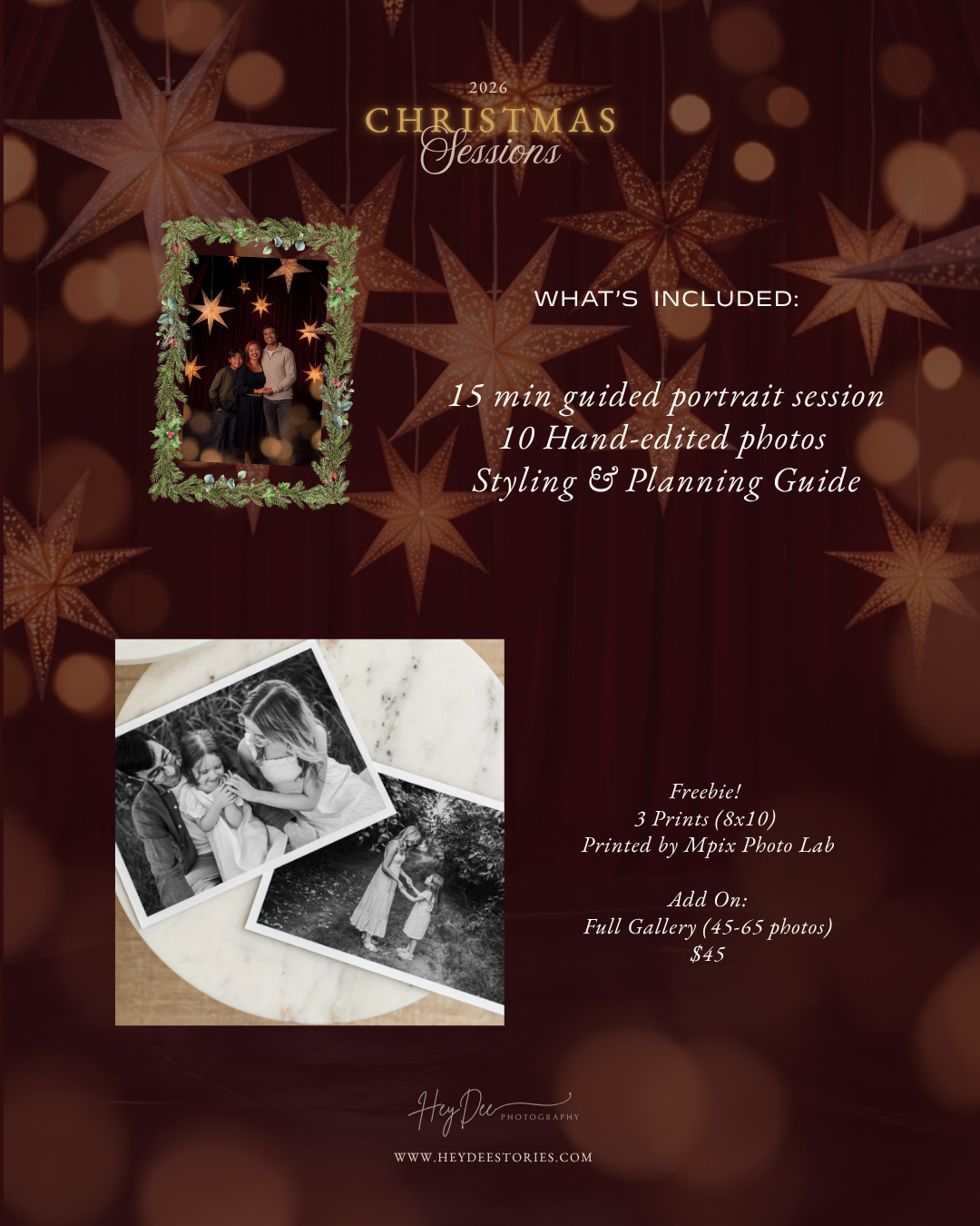Christmas Sessions 2024 mini session flyer listing a 15 minute portrait session, 10 edited photos, and a styling guide with a family holiday