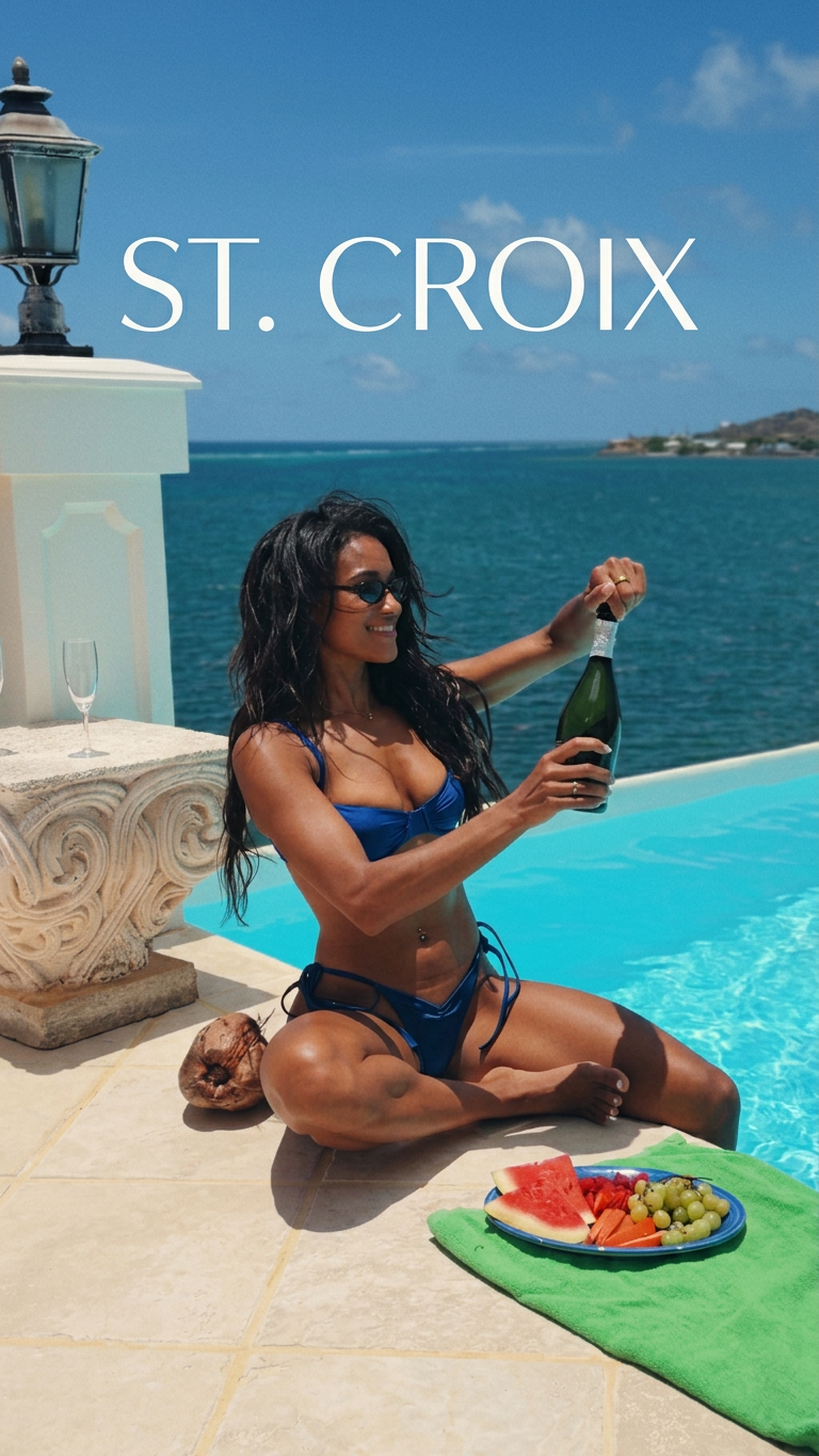 Woman in blue bikini opening champagne by a pool in St. Croix with turquoise ocean views and fresh fruit.