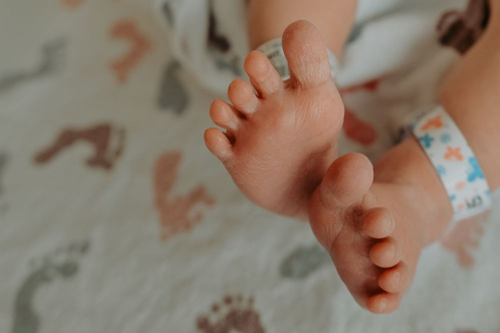 Close-up of newborn baby feet with hospital ID bracelet on white blanket with animal prints.