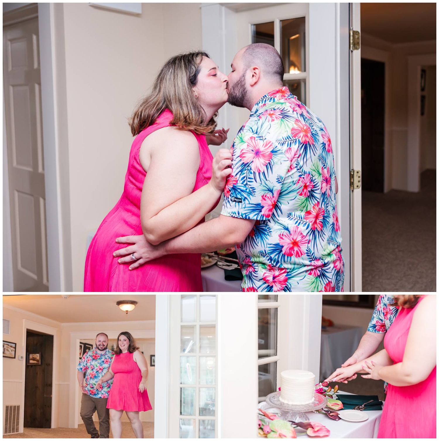 Couple in pink and floral outfits kissing at doorway during casual wedding celebration at home.