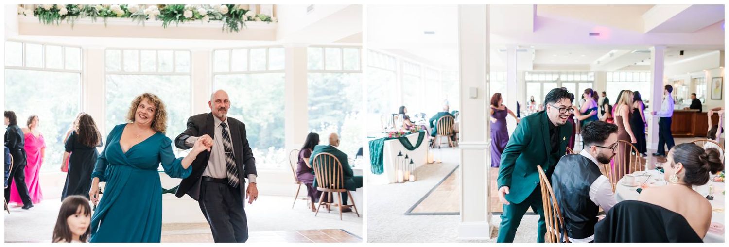Guests dance and celebrate joyfully at an elegant wedding reception in a bright, decorated venue.