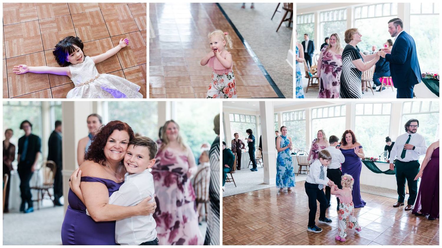 Guests of all ages dancing and celebrating together joyfully at a bright, elegant wedding reception.