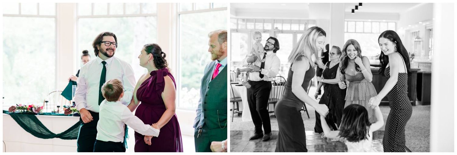 Wedding guests mingle and celebrate together in a bright, airy reception hall during the festivities.