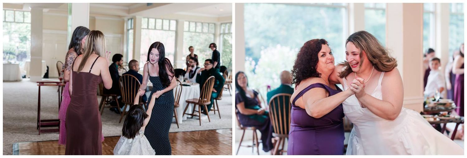 Bride sharing a joyful hug with a guest while bridesmaids mingle at a wedding reception.