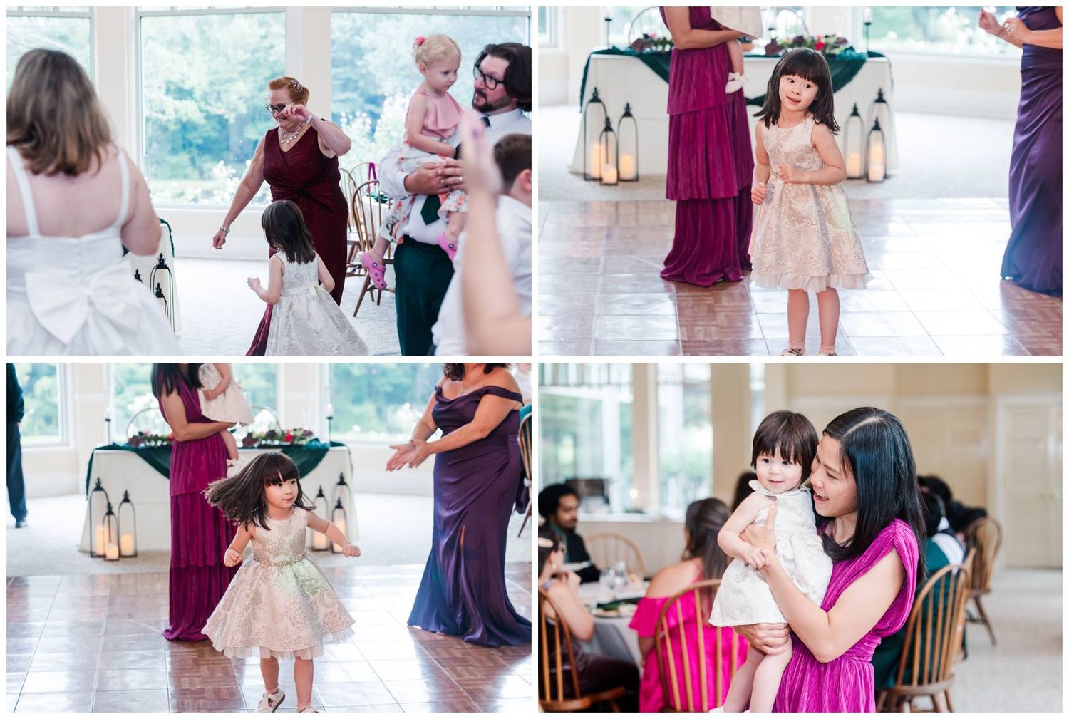 Young children and guests dancing and celebrating at an elegant wedding reception in a bright ballroom.