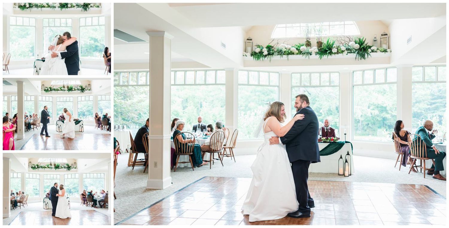 Bride and groom share their first dance in an elegant sunlit ballroom with large windows at their wedding reception.