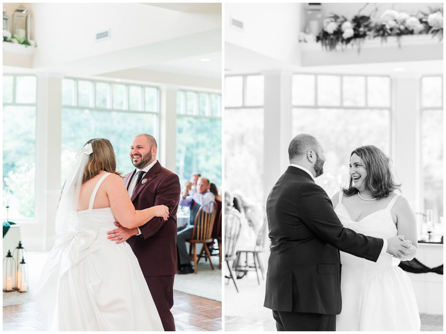Bride and groom sharing joyful first dance in elegant bright reception hall, color and black white.
