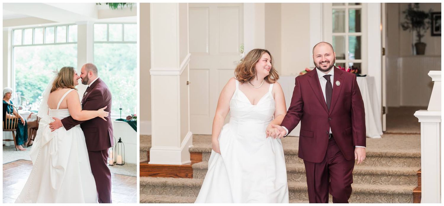 Bride and groom in burgundy suit sharing first dance and grand entrance at wedding reception.