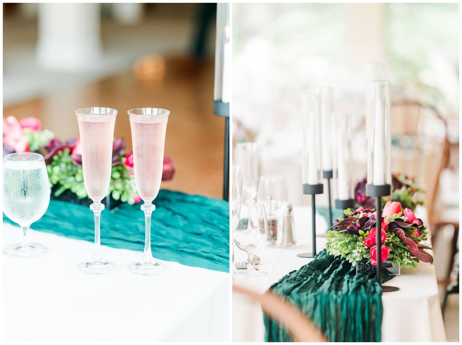 Wedding reception table with teal runner, pink champagne flutes, and colorful floral centerpieces.