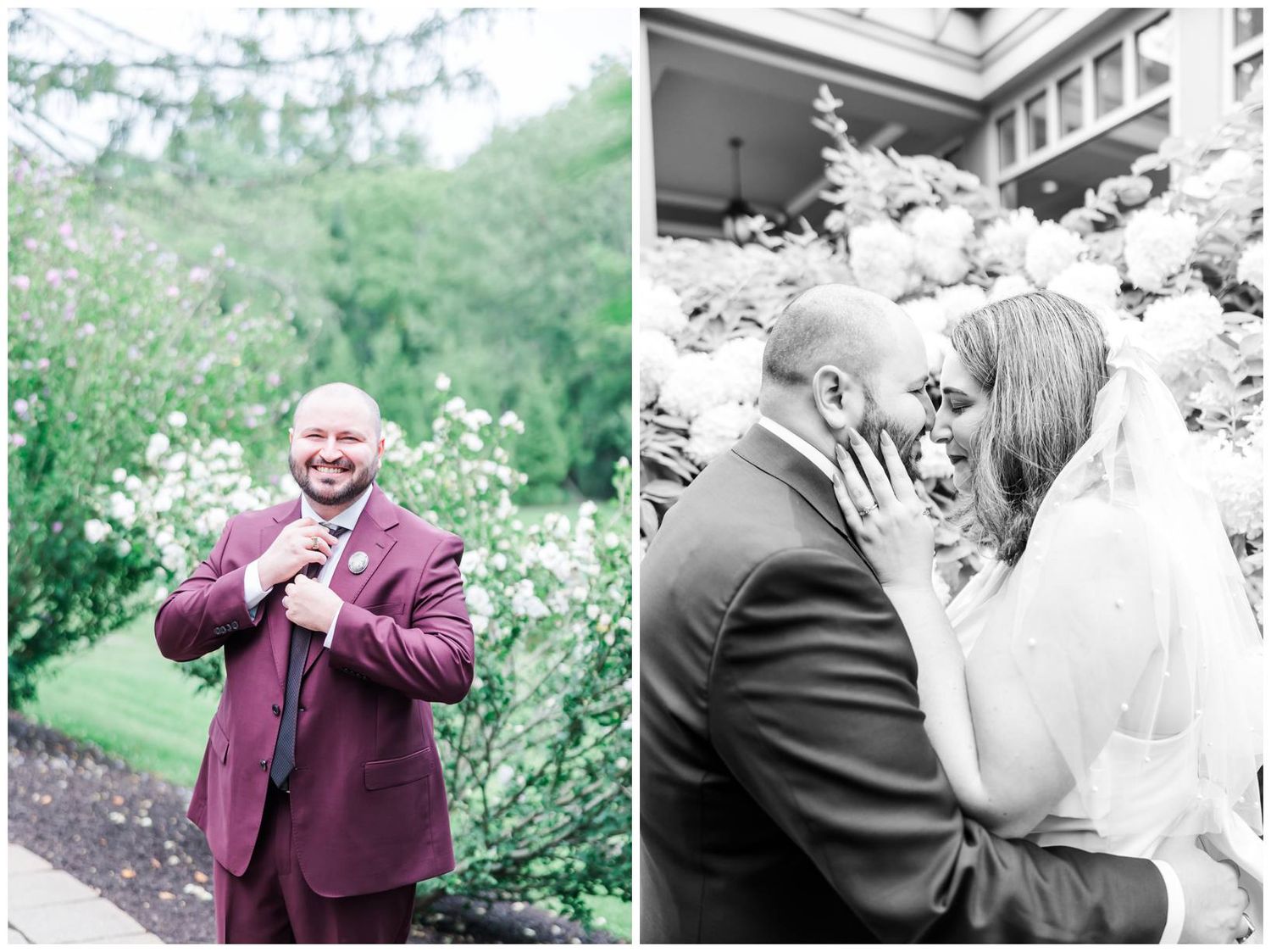 Groom in burgundy suit adjusting tie outdoors, beside black-and-white photo of bride and groom sharing romantic moment.