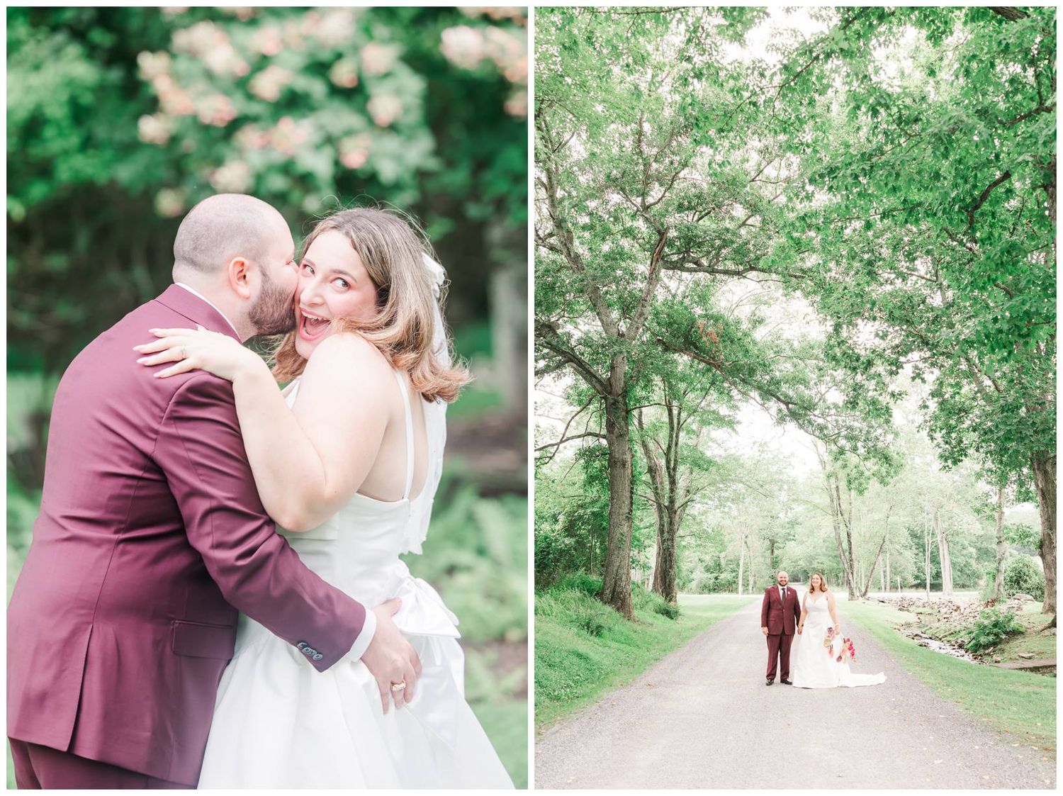 Groom in burgundy suit kisses brides cheek as she smiles, with a second shot of the couple on a scenic path.