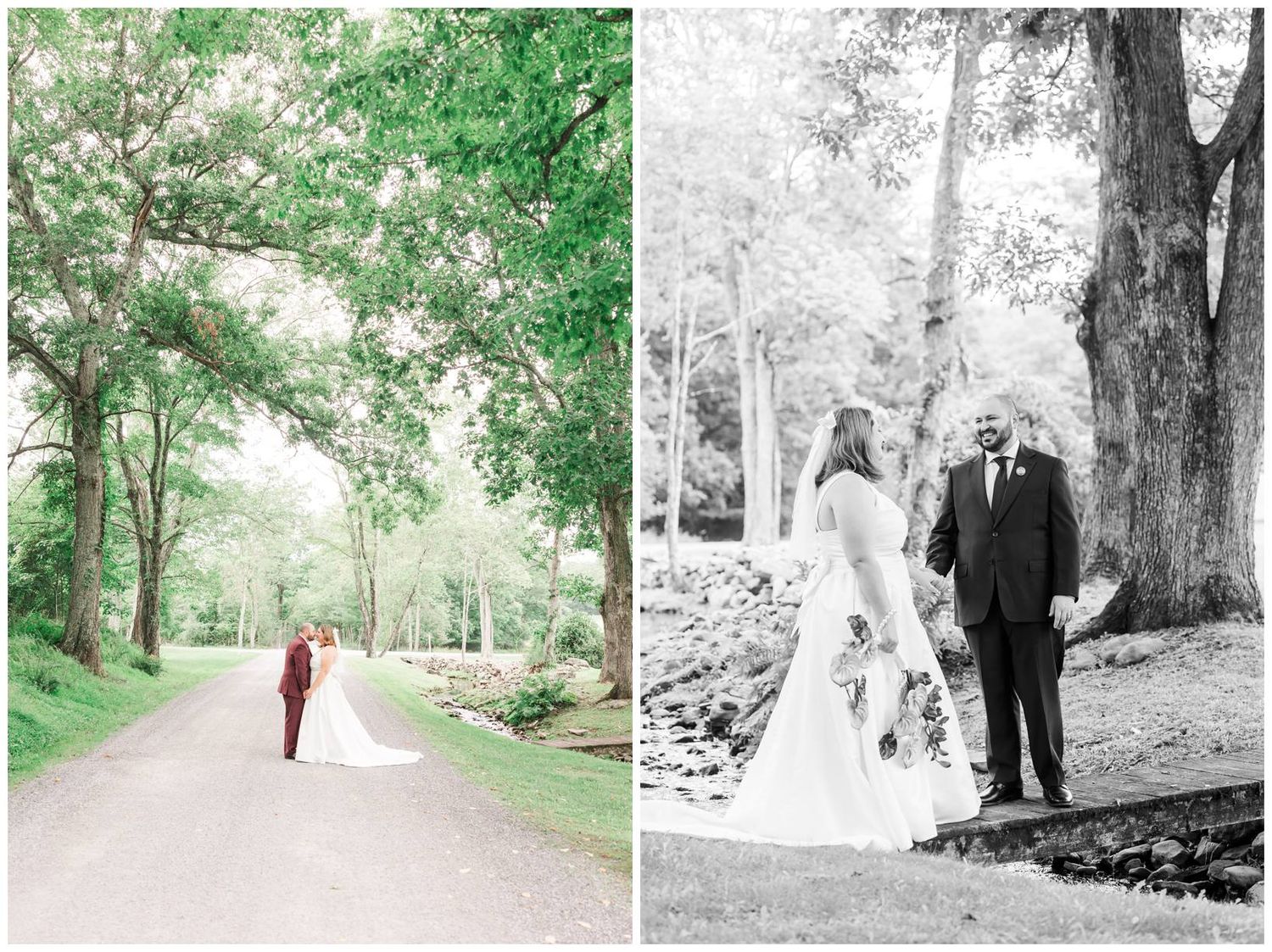Bride and groom walk hand in hand down a tree-lined path, with a classic black and white portrait beside it.