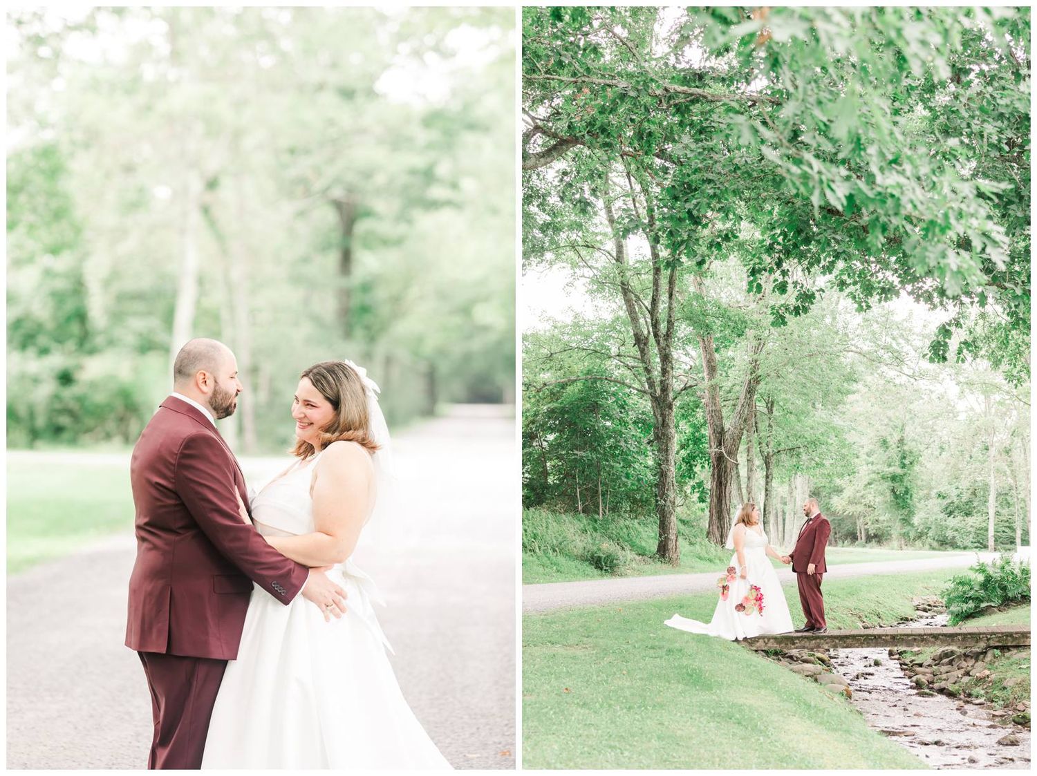 Bride and groom share a romantic moment on a tree-lined path, groom in burgundy suit, bride in white gown.