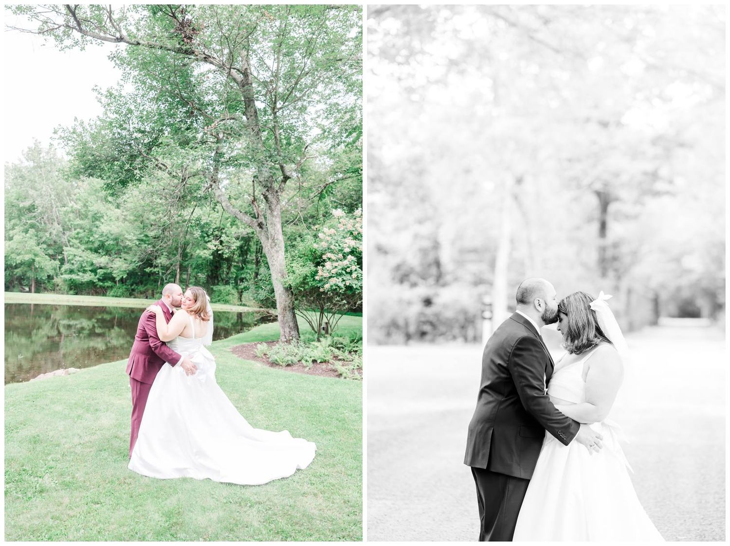 Bride and groom share a romantic kiss outdoors near a pond surrounded by lush green trees in a wedding photo.