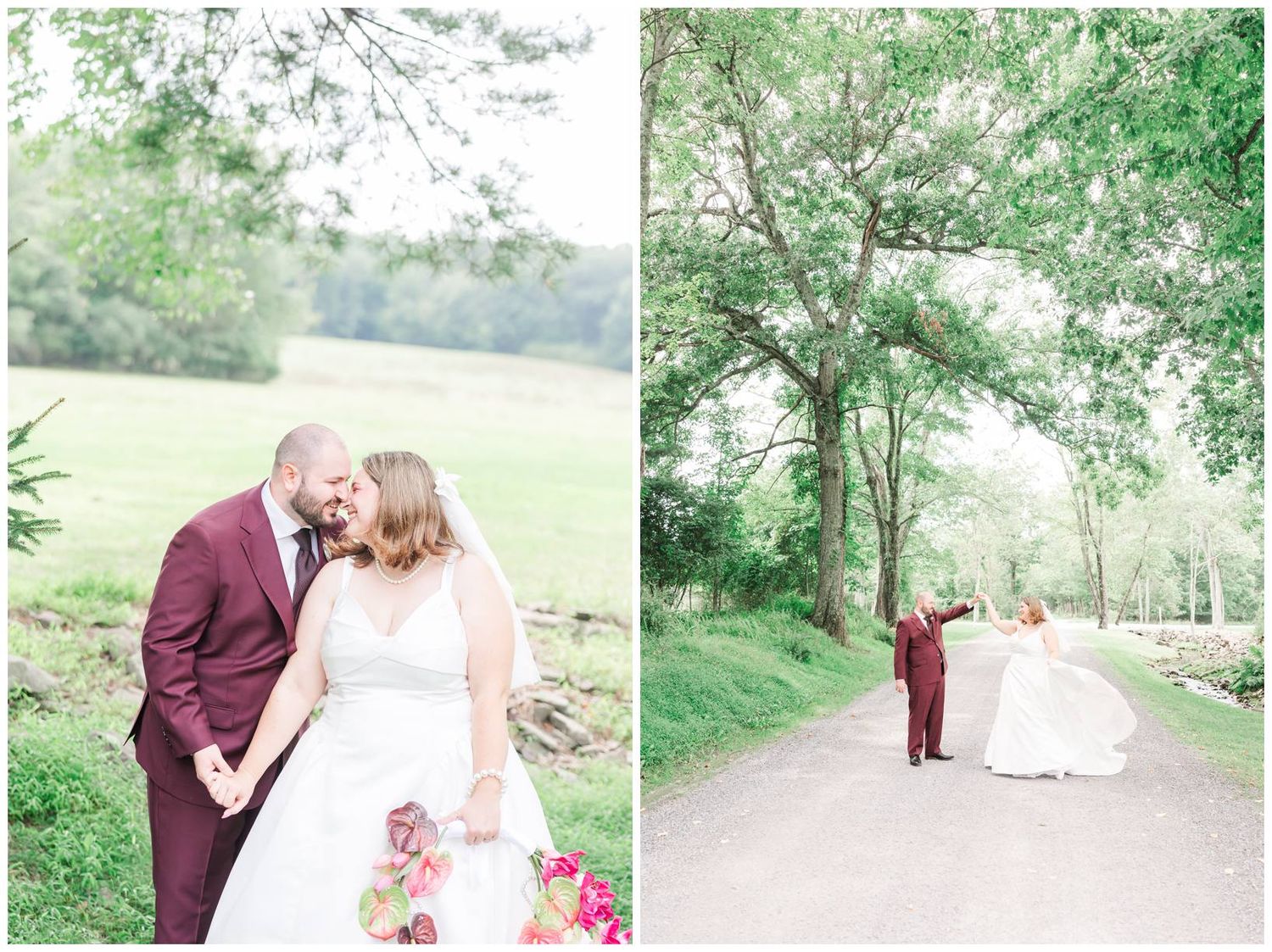 Bride and groom share a romantic moment outdoors, groom in burgundy suit holding brides hand in lush green surroundings.