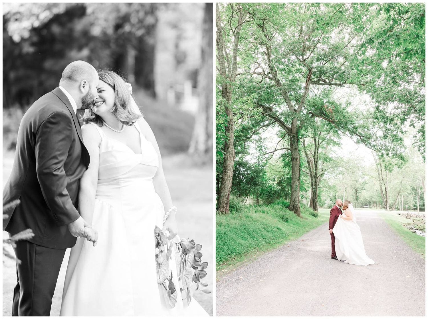 Bride and groom share a romantic moment in black and white, alongside a color photo of couple on a tree-lined path.