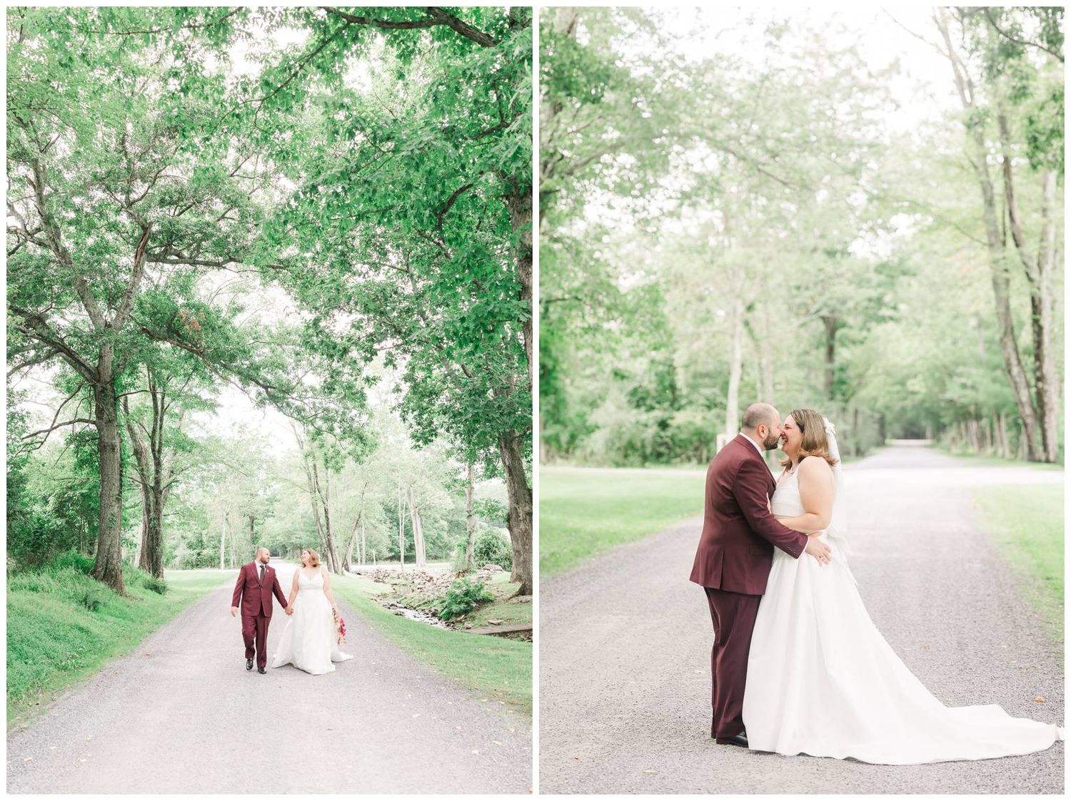Bride and groom share a romantic moment on a tree-lined path, with soft green foliage framing their embrace.