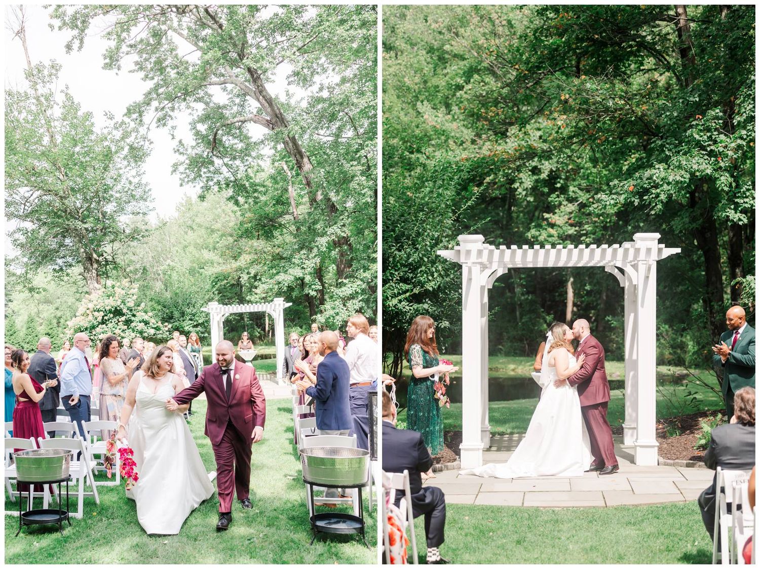 Bride and groom share first kiss under white pergola during outdoor garden wedding ceremony with guests seated nearby.