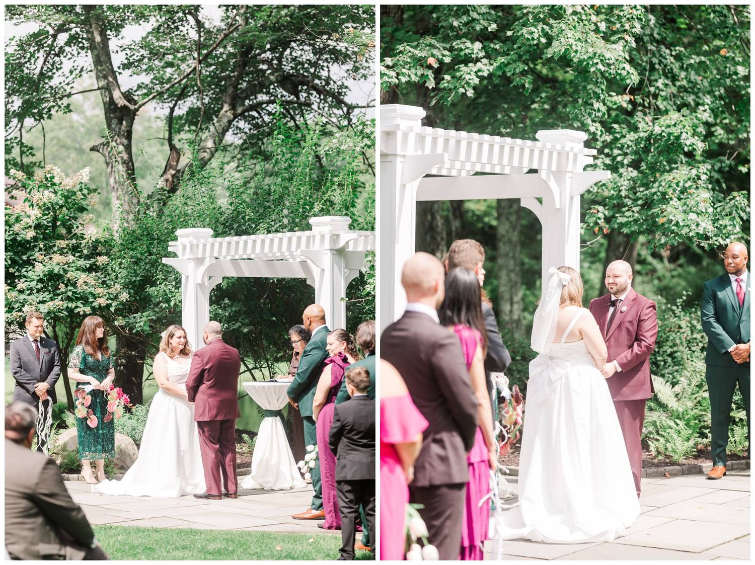 Bride and groom exchange vows under white arbor at elegant outdoor garden wedding ceremony.